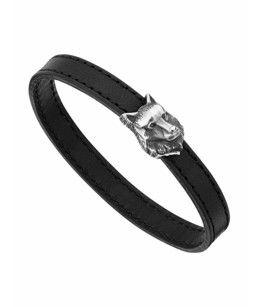 Bracelet en cuir noir avec fermoir tête de loup en argent massif chez Cornerstreet bien 